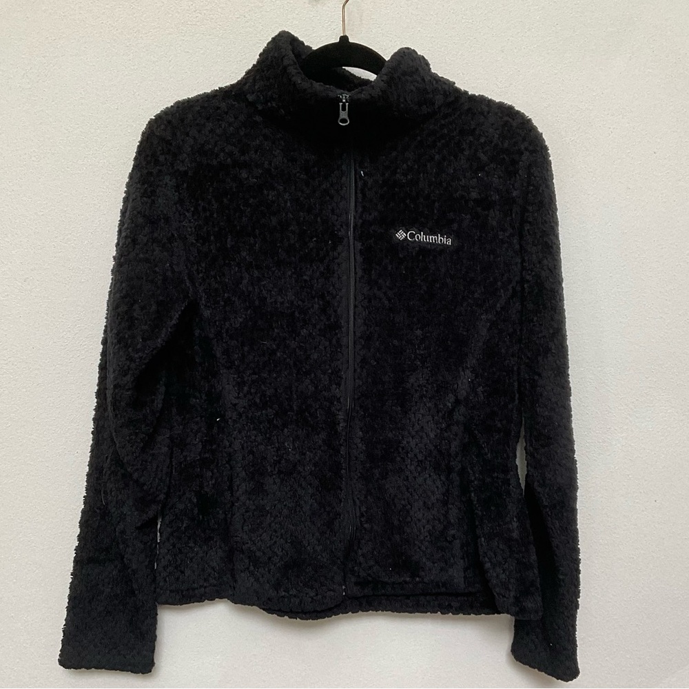 Columbia Black Textured Fuzzy Soft Full Zip Jacket Size Medium Warm Cozy Winter